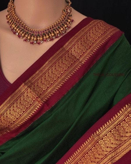 dark green and red combination saree
