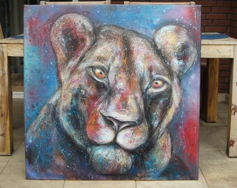 Lionne - grande, peinture acrylique 100 x 100 cm, esprit animal, animal de pouvoir, structure.