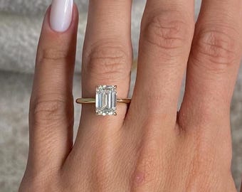 3.00 Carat D-VVS2 IGI Certified Emerald Cut Lab Grown Diamond Solitaire Engagement Ring / 14k Yellow Gold / 4 Prongs Minimal Solitaire Ring