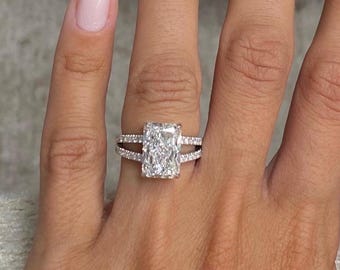 5.50 Carat Radiant Cut E-VVS2 Lab Grown Diamond Engagement Ring | Split Shank 18K Solid Gold with Round Side Stones | Luxurious Bridal Ring