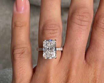 Eye-Catching 7.00 Carat E-VVS2 Elongated Radiant Lab Grown Diamond Engagement Ring / 18k Rose Gold / Solitaire Hidden Halo & Side Stones /