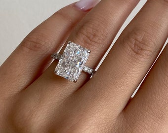 6.50 Carats Elongated Radiant Cut Micropaved Side Stones Hidden Halo Diamond Engagement Ring / IGI Certified Radiant Cut Diamond / 14K Gold