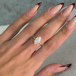 D Color VVS2 Clarity IGI Certified 2.10 Carat Marquise Cut Lab Grown Diamond Solitaire Hidden Halo Engagement Ring 14k Yellow Gold 6 Prongs
