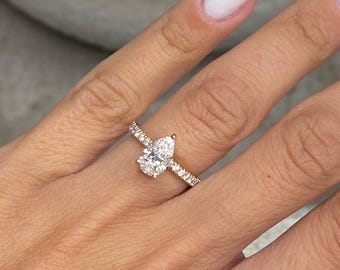 1.25 Carat Pear Cut Lab Grown Diamond Engagement Ring | D color Internally Flawless Clarity | Hidden Halo & Pave Diamonds | 14k Rose Gold |