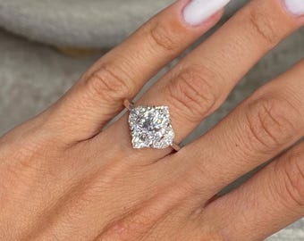 Timeless 3.80 Carat Marquise Cut Three Stone Ring With Half Moons / 18k White Gold Lab Grown Engagement Ring / Marquise Cut Trilogy Ring /