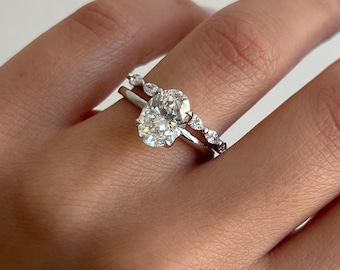 2.50 Carat Oval Cut Lab Grown Solitaire Tulip Style Engagement Ring Set / Matching Marquise Diamond Wedding Band / IGI Certified / 14k Gold