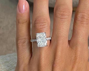 Luxurious & Elegant 6.50 Carat Elongated Radiant Cut Lab Grown Diamond Engagement Ring With Side Stones And Hidden Halo / 18k White Gold /