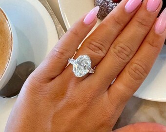 Holiday Edition 11 Carat IGI Certified Oval Cut Lab Grown Diamond Engagement Ring / Three Stone Ring with Tapered Baguettes / 18k White Gold