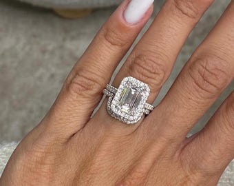 4.75 Carat Emerald Cut D-VVS2 Lab Grown Diamond Ring | Halo Setting & Side Stones | 18K White Gold Engagement Ring With Matching Band | IGI
