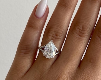4 Carat Pear Shaped Diamond Engagement Ring / Pear Cut Lab Grown Diamond Solitaire Ring / Unique Style Proposal Ring / 3 Prongs Pear Ring .