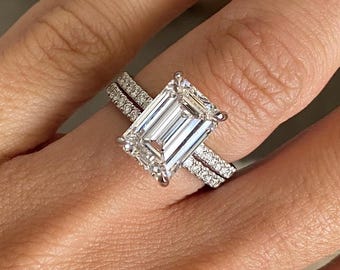 7.75 Ct Emerald Cut Lab Grown Diamond Ring / Hidden Halo & Pave Engagement Ring Set / 18k Bridal Set / E-VVS2 IGI Certified / Matching Band