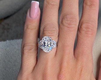 Luxurious 7 Carat E-VVS2 Certified Oval Cut Lab Grown Three Stone Diamond Engagement Ring With Half Moon Side Diamonds in 18k White Gold /
