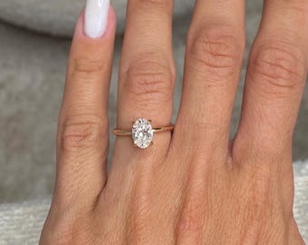 1.10 Carat D-VVS2 IGI Certified Oval Cut Lab Grown Diamond Ring / Solitaire Hidden Halo Ring / 14k Solid Gold / Minimalist & Clean Design /