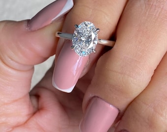 2.10 Carat D color VVS2 Clarity IGI CERTIFIED Lab Grown Oval Cut Diamond Solitaire Hidden Halo Engagement Ring / 14K Gold Minimalist Ring .