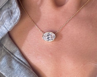 4 Ct Lab Grown Bezel Solitaire Necklace / Oval Cut Diamond Bezel Necklace / Diamond Solitaire Necklace / 14k Gold Pendant / Gift For Her