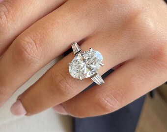9.00 Carats Lab Grown Oval Cut with Tapered Baguette Diamonds Three Stone Engagement Ring / Elegant and Classy Three Stone Engagement Ring.