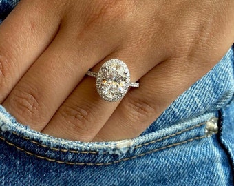 5.50 Carat E color VVS2 Clarity IGI Certified Oval Cut Lab Diamond Halo Engagement Ring 14k White Gold Halo Style Ring , Halo Diamond Ring .