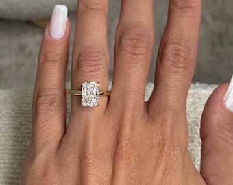 3.10 Carat Elongated Radiant Cut IGI Certified Lab Grown Diamond Solitaire Engagement Ring with Hidden Halo / 14k Yellow Gold Diamond Ring