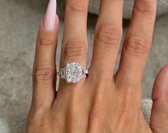 SALE – 6.00 Carat Radiant Cut Lab Grown Diamond Ring | IGI Certified | Trapezoid & Round Side Stones | Three Stone Platinum Engagement Ring