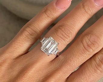 6.00 Carat D-VVS2 IGI Certified Three Stone Emerald Cut Lab Grown Diamond Engagement Ring / Side Trapezoids Cut /18k White Gold Diamond Ring