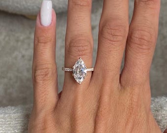 Romantic & Elegant 3.35 Carat Marquise Cut Diamond Ring / 14k Rose Gold Engagement Ring / Pavé Side Stones Band / Hidden Halo Lab Grown Ring