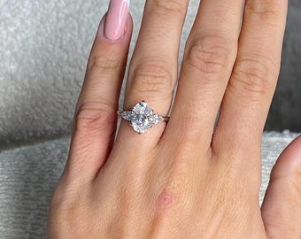 2.30 Ct Oval Cut Lab Grown Diamond Engagement Ring IGI Certified E Color VVS2 Clarity – Pear Side Stones – 14k White Gold Three Stone Ring