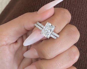 4.50 Carat E-VVS2 Radiant Cut Lab Grown Diamond Engagement Ring Set In 14k White Gold / Matching Pave Round Cut Diamonds Band / Bridal Set