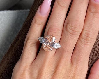 HUGE One Of A Kind 8 Carat Oval Cut Fancy Pink Lab Grown Diamond / Three Stone Engagement Ring / Side Pear Cut / 18k Gold Lab Diamond Ring