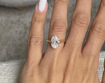 3.10 Carat Oval Cut E Color VVS2 Clarity IGI Certified Lab Grown Diamond Solitaire Hidden Halo Cathedral Engagement Ring / 14k Yellow Gold