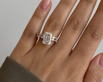 4.00 Carat IGI D/VVS2 Emerald Cut Lab Grown Diamond Side Marquise Cut Engagement Ring Set , Matching Marquise Diamond Wedding Band 14k Gold.