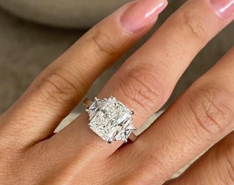 5.00 Ct Radiant Cut Lab Grown Diamond Three Stone Engagement Ring | Trapezoid Side Stones | IGI Certified | 18K White Gold | Statement Ring