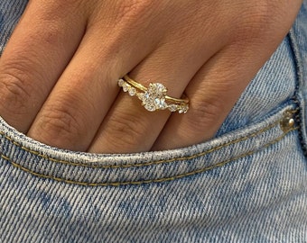 Dainty 1.55 Carats IGI CERTIFIED Oval Lab Grown Diamond Hidden Halo Solitaire Engagement Ring Set/ Matching Round & Marquise Wedding Band