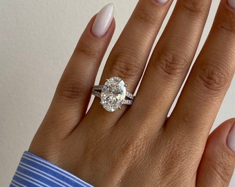 6.50 Carat Oval Lab Grown Diamond Engagement Ring / Split Shank Oval Ring / Pave Unique Cathedral Ring / White Gold / Certified Diamond Ring