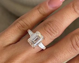 5.50 Carat Emerald Cut Diamond Three Stone Ring / IGI Certified D-VVS2 Emerald & Baguette 3 Stone Ring / 18k Rose Gold Engagement Ring /