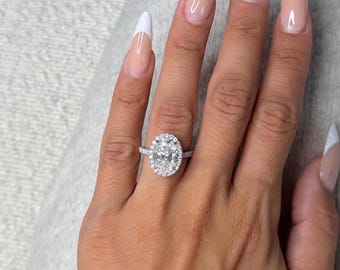 4.50 Carat Oval Cut Lab Grown Diamond Engagement Ring | Halo & Pavé | IGI Certified | 14K White Gold Proposal Ring