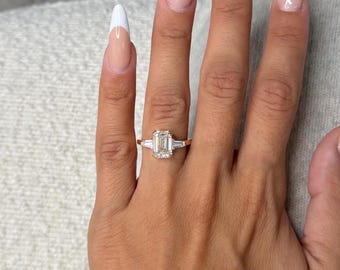 3.50 Carat Emerald Cut Lab Grown Diamond Three Stone Ring / Tapered Baguette Side Stones / 14K Yellow Gold Engagement Ring / IGI Certified