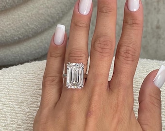 Breathtaking 14 Carat Emerald Cut Lab Grown Diamond Ring / Cathedral Low Profile Ring / Solitaire Double Prong Platinum/ 18k Engagement Ring