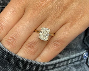 4 Carat Elongated Cushion Lab Grown Diamond Solitaire Ring / IGI Certified E-VVS2 Cushion Cut Lab Diamond / 14k Yellow Gold Engagement Ring