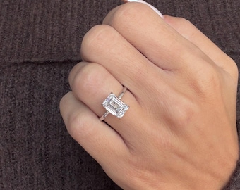 3 Carat Emerald Cut Lab Grown Diamond Engagement Ring | 14k White Gold Solitaire Hidden Halo | IGI Certified