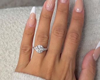 3.50 Carat Round Cut Lab Grown Diamond Ring / Three Stone Engagement Ring / 14k White Gold / IGI Certified