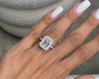 4.50 Carat Emerald Cut D-VVS2 Lab Grown Diamond Ring | Halo Setting & Side Stones | 18K White Gold Engagement Ring |