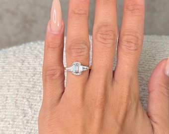 2.20 Carat IGI Certified Emerald Cut Lab Grown Diamond Three Stone Ring / Tapered Baguette Side Stones / 14K Yellow Gold Engagement Ring /