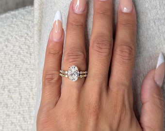 3 Carat Oval Cut Lab Grown Diamond Engagement Ring Set | Dainty Band with Side Stones |  Matching Band | 14K Yellow Gold | IGI Certified