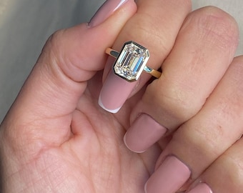 3 Carat D-VVS2 Emerald Cut Lab Grown Diamond Bezel Set Solitaire Engagement Ring in 14k Yellow Gold / Stylish IGI Certified Engagement Ring