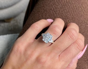 5 Carat Radiant Cut Lab Grown Diamond Engagement Ring / Side Trapezoids & Round Cut / Two-Tone 18k Gold