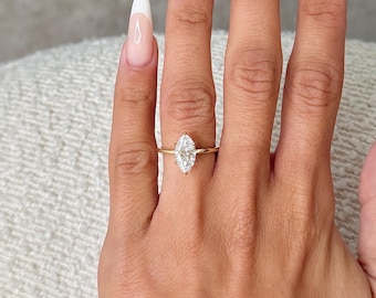 1.5 Carat Marquise Cut Lab Grown Diamond Engagement Ring / IGI Certified D-VVS1 / Solitaire Hidden Halo / Thin 14k Solid Gold Band