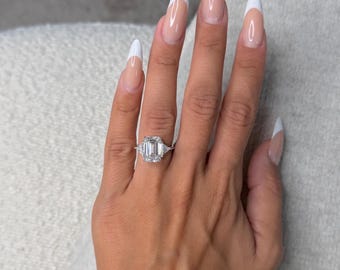 6 Carat Luxury Three Stone Emerald Cut Lab Grown Diamond Engagement Ring | Trillion Side Stones | IGI Certified | 18K White Gold