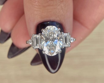 Stylish 3.00 Carat E-VVS2 IGI Certified Oval Cut Lab Grown Diamond Engagement Ring / Unique Emerald & Rounds Setting / 14k White Gold /