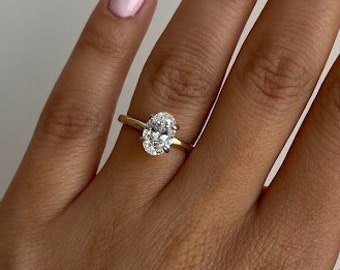 Anello di fidanzamento solitario nascosto con diamante coltivato in laboratorio D/VVS2 certificato IGI da 1,60 carati, anello in oro 14k, anello minimale CVD.