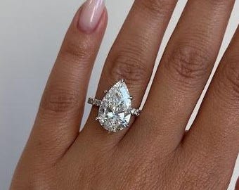 6.50 Carat E-VVS2 Luxurious Pear Cut Diamond Ring / Pear Shaped Lab Grown Diamond Hidden Halo Diamond Engagement Ring / 18k Diamond Ring